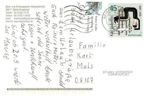 AK / Ansichtskarte Zoeblitz_Sachsen Bibel  und Erholungsheim Huettstadtmuehle im Erzgebirge Natur Waldpartie Zoeblitz Sachsen