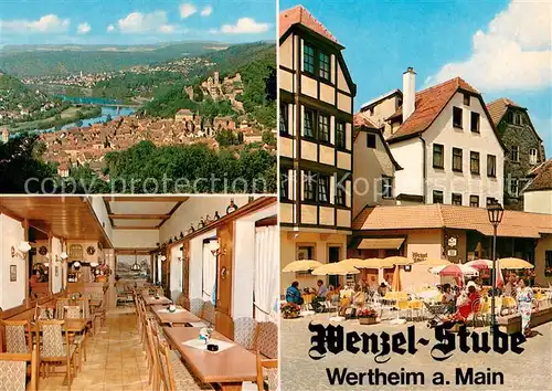 AK / Ansichtskarte Wertheim_Main Cafe Gaststaette Wenzel Stube Gastraum Terrasse Panorama Blick ins Tal Wertheim Main