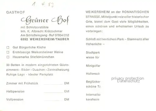 AK / Ansichtskarte Weikersheim Gasthof Gruener Hof Schloss Park Brunnen Weikersheim