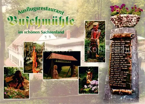 AK / Ansichtskarte Niederau_Meissen Ausflugsrestaurant Buschmuehle Holzfiguren Gedenkstein 