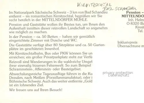 AK / Ansichtskarte Kirnitzschtal_Bad_Schandau Mittelndorfer Muehle Gaststaette Pension 