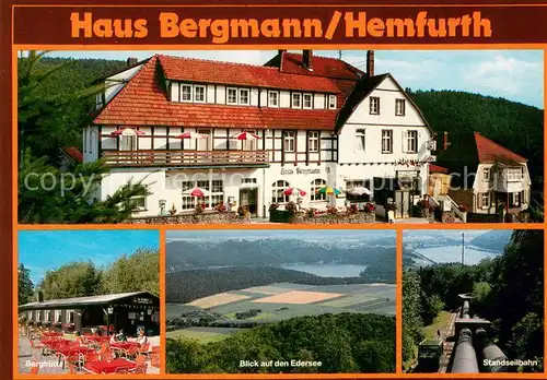 AK / Ansichtskarte Hemfurth Edersee Hotel Restaurant Haus Bergmann Panorama Blick auf den Edersee Standseilbahn Hemfurth Edersee