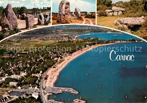 AK / Ansichtskarte Carnac_Plage Menhire von Kermario und Du Menec Dolmen Segelclub und Strand Fliegeraufnahme Carnac_Plage