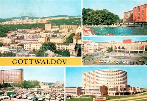 AK / Ansichtskarte Gottwaldov_Tschechien Teilansichten Industriestadt Schuhindustrie Freibad Gottwaldov Tschechien