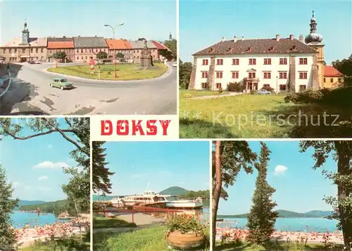 AK / Ansichtskarte Doksy_Hirschberg_See  Teilansichten Badestrand Fahrgastschiff Doksy_Hirschberg_See 