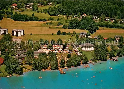 AK / Ansichtskarte Velden_Woerthersee Restaurant Camping Strandbad Fliegeraufnahme Velden Woerthersee