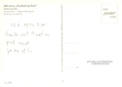 AK / Ansichtskarte Kochel_See 600 Jahre Gasthof zur Post Fassadenmalerei Ritter Denkmal Huber Karte Nr. 8482 Kochel_See
