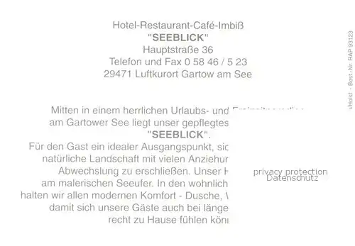 AK / Ansichtskarte Gartow_Elbe Hotel Restaurant Seeblick Fremdenzimmer Uferpromenade Gartow Elbe