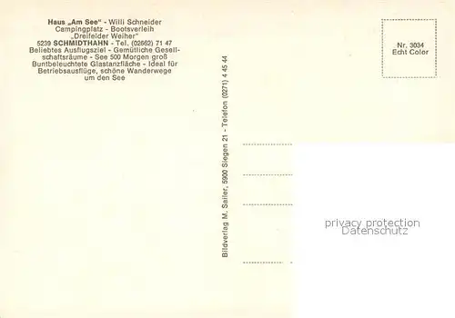 AK / Ansichtskarte Schmidthahn Gaststaette Haus am See Campingplatz Dreifelder Weiher Segeln Schmidthahn
