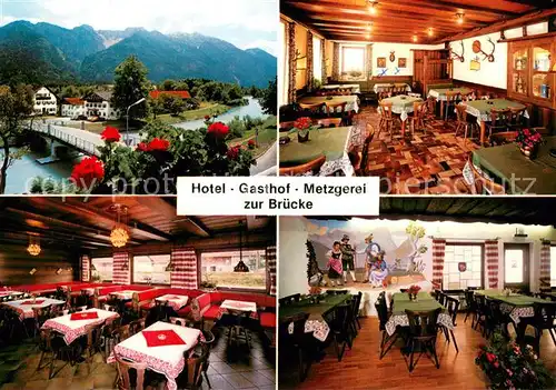 AK / Ansichtskarte Eschenlohe Hotel Gasthof Metzgerei Zu Bruecke Restaurant Panorama Blick auf Loisach und Estergebirge Eschenlohe