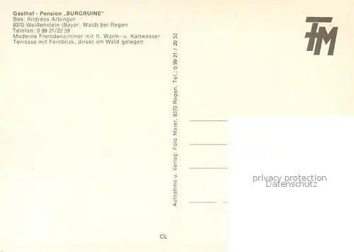 AK / Ansichtskarte Weissenstein_Regen Gasthof Pension Burgruine Restaurant Terrasse Landschaftspanorama Weissenstein_Regen