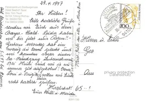 AK / Ansichtskarte Tittling Ferienzentrum Dreiburgensee Hotel Seehof Tauer Restaurant Terrasse Tittling