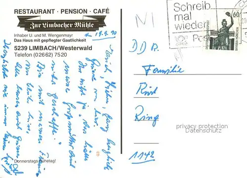 AK / Ansichtskarte Limbach_Westerwald Restaurant Pension Cafe Zur Limbacher Muehle Limbach_Westerwald