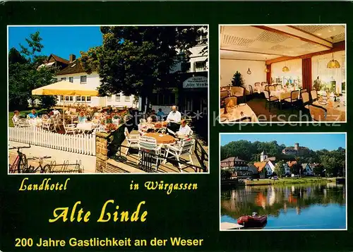 AK / Ansichtskarte Wuergassen Landhotel Alte Linde Restaurant Terrasse 200 Jahre Gastlichkeit an der Weser Wuergassen