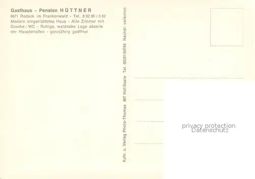 AK / Ansichtskarte Rodeck Gasthaus Pension Huettner im Frankenwald Landschaftspanorama Rodeck