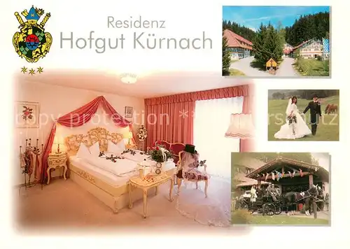 AK / Ansichtskarte Wiggensbach Residenz Hotel Hofgut Kuernach Hochzeitszimmer Pferdekutsche Brautpaar Wappen Wiggensbach