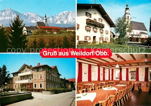 AK / Ansichtskarte Weildorf_Oberbayern Gasthof Stockklausner Ortsmotiv mit Kirche Alpenblick Weildorf Oberbayern