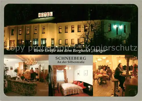 AK / Ansichtskarte Schneeberg_Erzgebirge Berghotel Steiger Nachtaufnahme Restaurant Bar Fremdenzimmer Empfang Schneeberg Erzgebirge