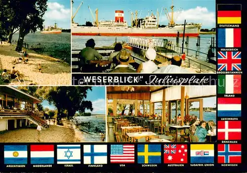 AK / Ansichtskarte Juliusplate Restaurant Weserblick Bootsanleger Dampfer Nationalflaggen Juliusplate