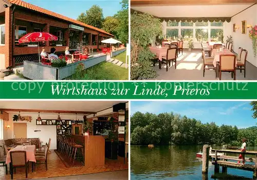 AK / Ansichtskarte Prieros Wirtshaus zur Linde am Gemeindepark Gaststube Terrasse Partie am Wasser Prieros