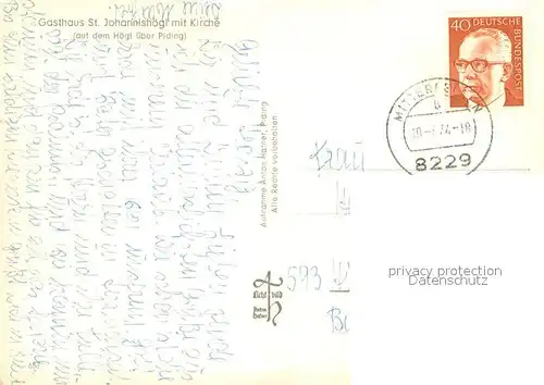 AK / Ansichtskarte Piding Gasthaus St. Johannishoegl mit Kirche auf dem Hoegl Piding