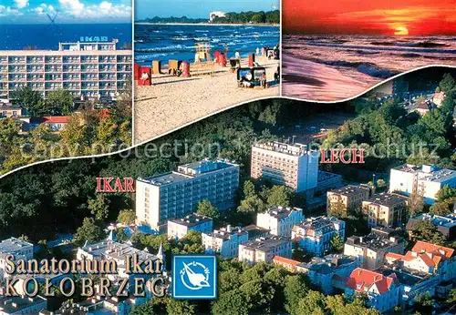AK / Ansichtskarte Kolobrzeg_Polen Sanatorium Ikar Luftaufnahme Strand Sonnenuntergang am Meer Kolobrzeg_Polen