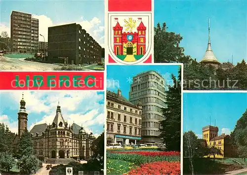 AK / Ansichtskarte Liberec Stadtansichten Innenstadt Wohnsiedlung Jeschken Bergrestaurant Wappen Liberec