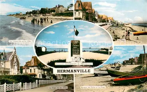 AK / Ansichtskarte Hermanville sur Mer Vue densemble et les Villas La Plage La Digue et les Villas Barques de Peche et la Plage Monument Commemoratif du Debarquement Hermanville sur Mer