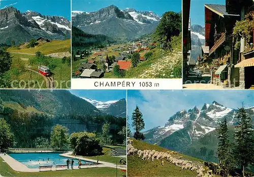 AK / Ansichtskarte Champery Bahn Panorama Gasse Schwimmbad Schafherde Champery