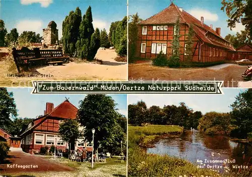 AK / Ansichtskarte Mueden_oertze Gast  und Pensionshaus Zum Bauernwald Naturpark Suedheide Hermann Loens Stein Denkmal Zusammenfluss der Oertze und Wietze Mueden oertze