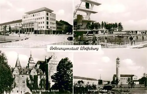 AK / Ansichtskarte Wolfsburg Kreissparkasse Schwimmbad Schloss Kirche Volkswagenstadt Wolfsburg