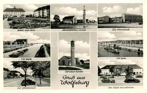 AK / Ansichtskarte Wolfsburg Robert Koch Platz Kirche Oberschule VW Werk Goethestrasse Cafe Wolfsburg