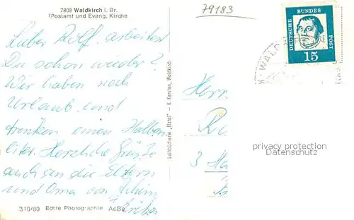 AK / Ansichtskarte Waldkirch_Breisgau Postamt und evangelische Kirche Blick zum Schwarzwald Waldkirch Breisgau