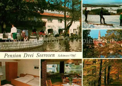 AK / Ansichtskarte Schoensee Pension Drei Seerosen Restaurant Ortsmotiv mit Kirche Herbststimmung Waldpartie Wintersport Schoensee