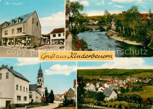 AK / Ansichtskarte Kinderbeuern Ortsansicht mit Kirche Ladengeschaeft Partie am Fluss Panorama Kinderbeuern