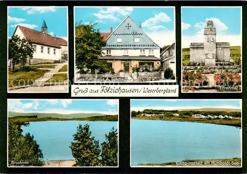 AK / Ansichtskarte Foelziehausen Kirche Geschaeftshaus Ehrenmal Bruchsee Campingplatz am Humboldtsee Foelziehausen