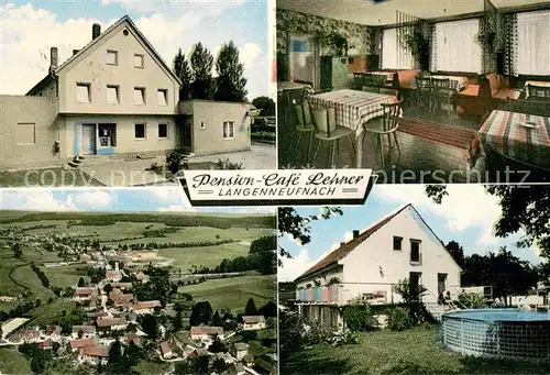 AK / Ansichtskarte Langenneufnach Pension Cafe Lehner Gaesteraum Swimming Pool Fliegeraufnahme Langenneufnach