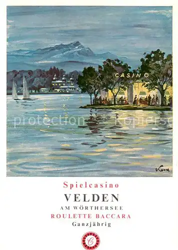 AK / Ansichtskarte Velden_Woerthersee Spielcasino Ansicht vom See aus Alpen oelbild von Prof. H. Kosel Kuenstlerkarte Velden Woerthersee