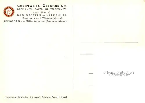 AK / Ansichtskarte Velden_Woerthersee Spielcasino Ansicht vom See aus Alpen oelbild von Prof. H. Kosel Kuenstlerkarte Velden Woerthersee