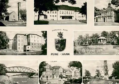 AK / Ansichtskarte Peine Luther Kirche Peiner Festsaele Rathaus Wassermuehle Stadtpark Kanal Am Markt Badeanstalt Peine