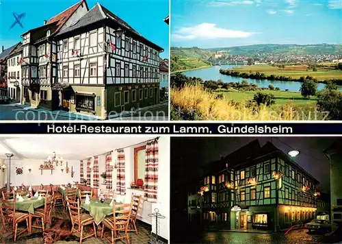 AK / Ansichtskarte Gundelsheim_Neckar Hotel Restaurant zum Lamm Panorama Gaststube Nachtaufnahme Gundelsheim Neckar