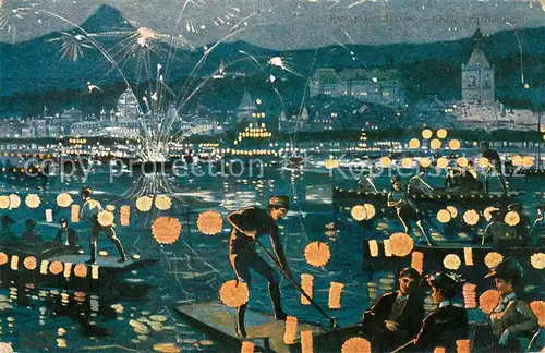 AK / Ansichtskarte Evian les Bains_Haute_Savoie Fest auf dem Genfersee Nachtaufnahme Kuenstlerkarte Evian les Bains_Haute