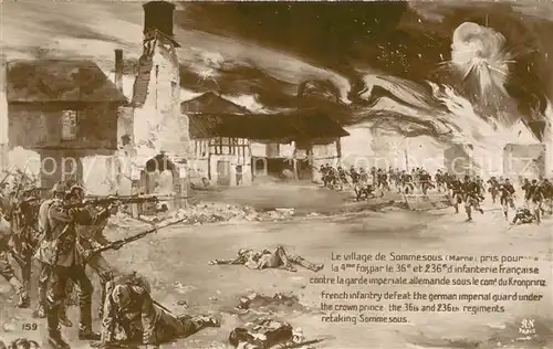 AK / Ansichtskarte Sommesous Village pris par l infanterie francaise contre la garde imperiale allemande Dessin Kuenstlerkarte Sommesous