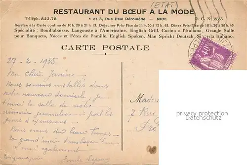 AK / Ansichtskarte Nice_Alpes_Maritimes Restaurant du Boeuf a la Mode Nice_Alpes_Maritimes