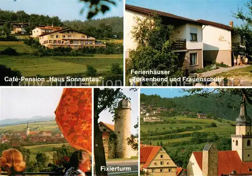 Fladungen Cafe Pension Haus Sonnentau Ferienhaeuser Tuerkenbund und Frauenschuh Fixierturm Kirche Fladungen