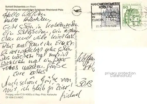 AK / Ansichtskarte Koblenz_Rhein Schloss Stolzenfels am Rhein Fliegeraufnahme Koblenz_Rhein