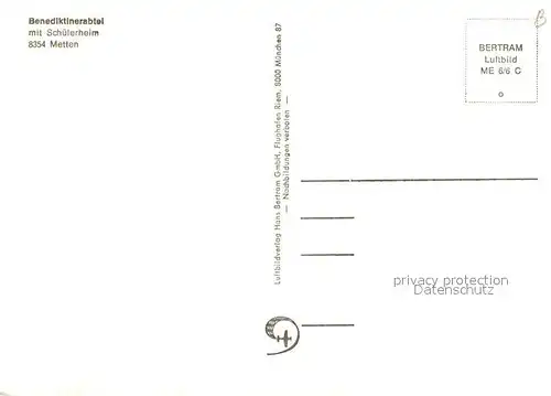 AK / Ansichtskarte Metten_Donau Benediktinerabtei mit Schuelerheim Fliegeraufnahme Metten Donau