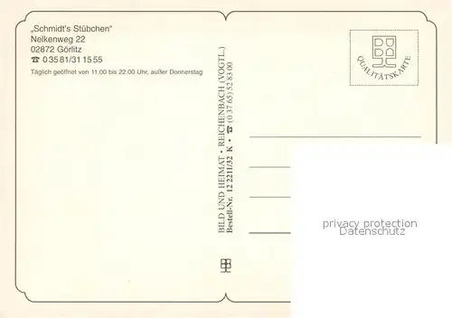 AK / Ansichtskarte Goerlitz_Sachsen Schmidts Stuebchen Terrasse Gaststube Theke Goerlitz Sachsen