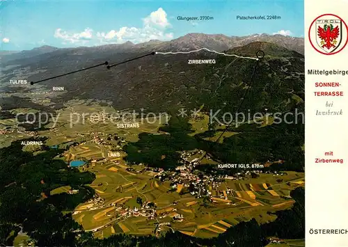 Innsbruck Erholungsgebiet Mittelgebirge Sonnenterrasse mit Zirbenweg Fliegeraufnahme Innsbruck