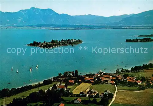 AK / Ansichtskarte Gstadt_Chiemsee Blick auf Fraueninsel und Hochgern Chiemgauer Alpen Fliegeraufnahme Gstadt_Chiemsee